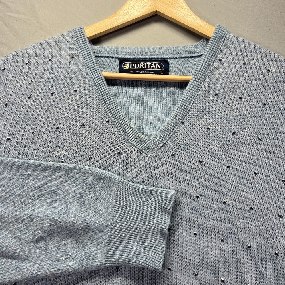 Vintage Puritan Sweater Mens Large Light Blue Acrylic Knit V Neck Grandpa Soft
